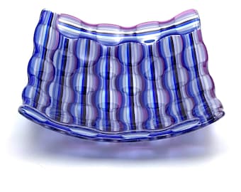 Fused Glass Optical Illusion Bowl, Fused Glass Plate, Art Glass Decor, Blue and Purple Striped Fused Glass Plate