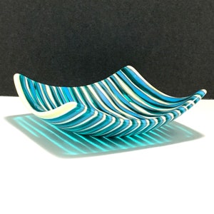 Turquoise and Vanilla Striped Fused Glass Plate, Seaside Glass Dish, Wavy Stripes, Fused Glass Art Plate, Trinket, Candle Dish, Spoon Rest