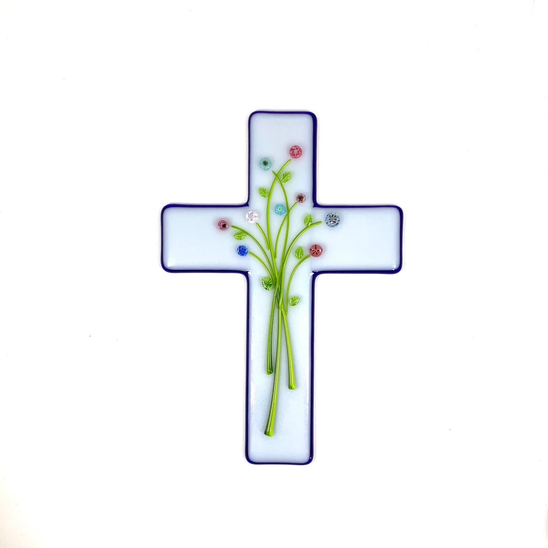 Floral Fused Glass Cross Wall Hanging White and Blue Cross Etsy