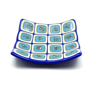 Fused Glass Stacked Colors Plate, Turquoise Blue, Dark Blue, Vanilla Dish, Candy Dish, Trinket Plate, Candle Plate