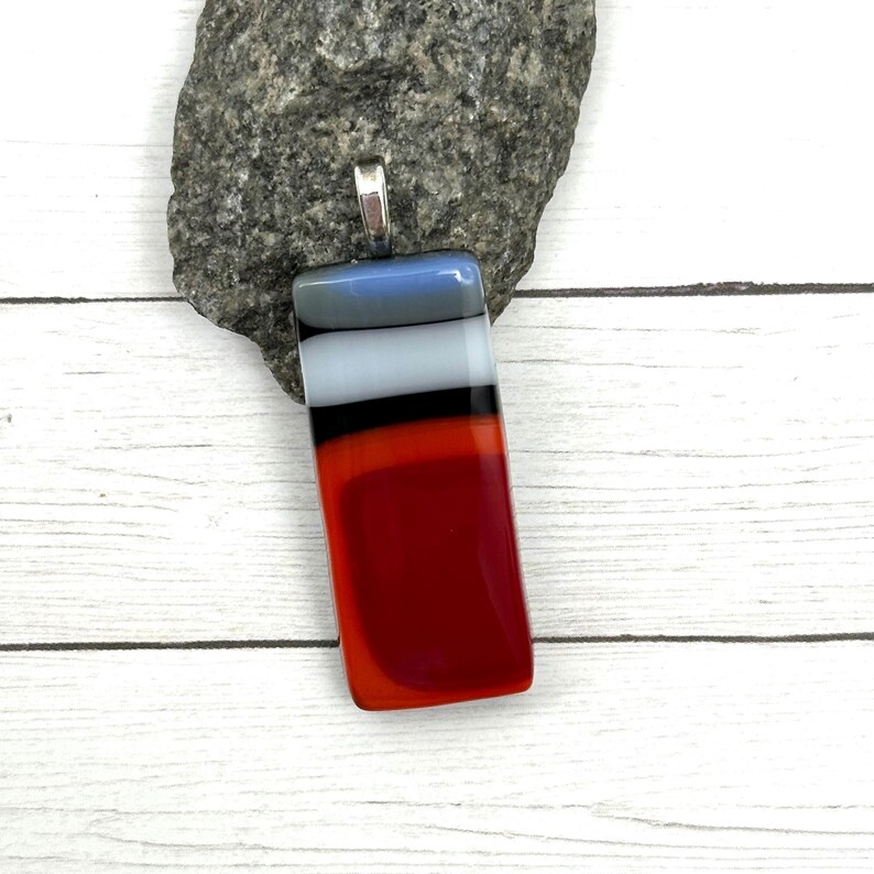 Colorful Fused Glass Pendants, Modern Necklace, Unique Glass Pendant, Stacked Squares Glass Necklace, Abstract Fused Glass Jewelry, Rainbow Red/Black/White