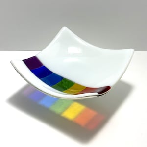 Rainbow Stripe Fused Glass Plate, Rainbow Glass Bowl, Red/Orange/Yellow/Blue/Green/Purple, Rainbow and White Dish
