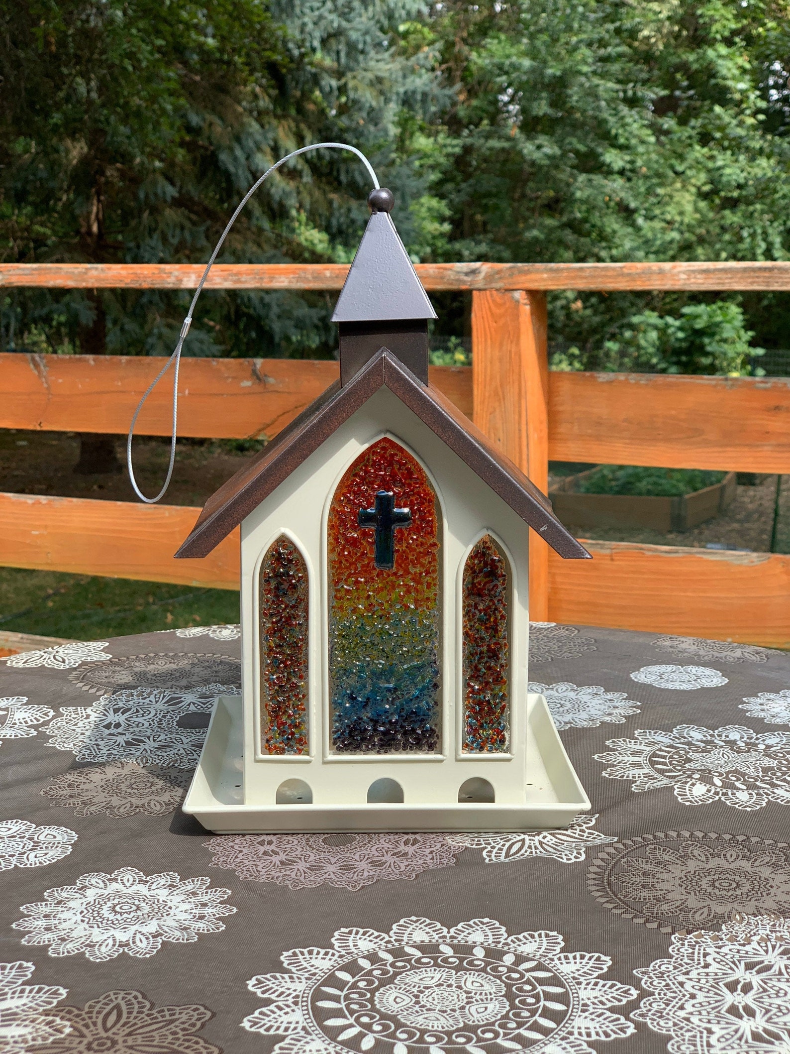 Fused Glass Church Bird Feeder Faux Stained Glass Windows Etsy