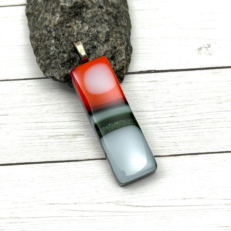 Colorful Fused Glass Pendants, Modern Necklace, Unique Glass Pendant, Stacked Squares Glass Necklace, Abstract Fused Glass Jewelry, Rainbow Orange/White/Green