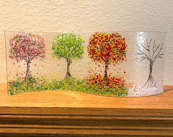 Four Seasons Fused Glass Wave Panel, Trees Stand Up, Spring, Summer, Fall, Winter, Fused Glass Art Decor