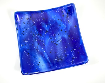 Starry Night Fused Glass Plate, Wispy Blue & White Dish, Trinket Dish, Spoon Rest, Candle Plate