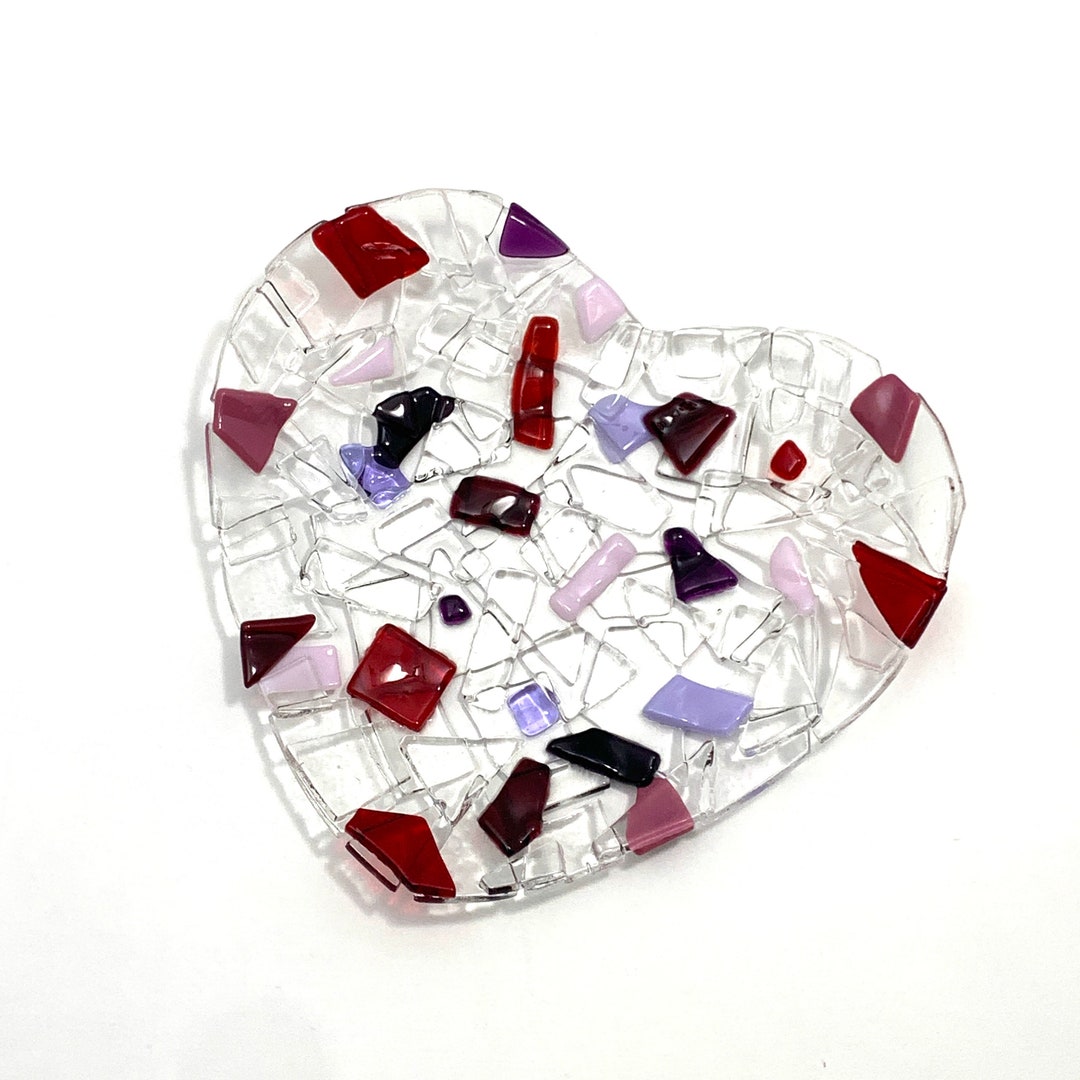 Fused Glass Heart Bowl, Open Heart Dish, Valentine Platter, Fused Glass