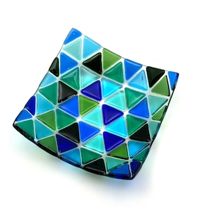 Seaside Triangles Fused Glass Plate, Blue, Green Fused Glass Art Bowl, Transparent Glass Art Display Piece, Home Decor