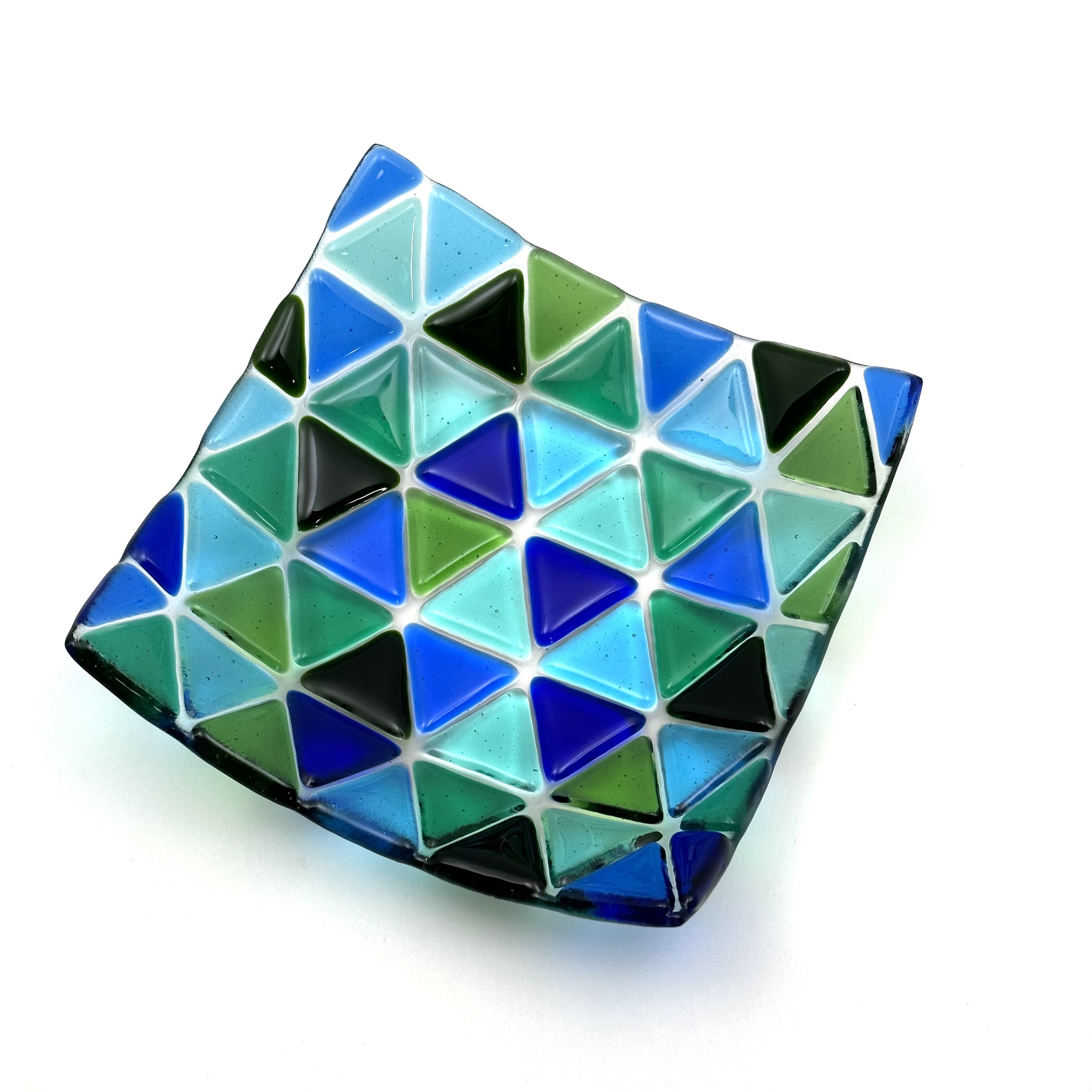 Seaside Fused Glass Plate, Blue Green Triangles Art Bowl, Home