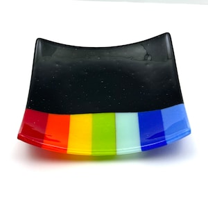 Rainbow Fused Glass Plate, Multi-color Glass Dish, Rainbow and Black Platter, Fused Glass Art Bowl, Glass Art Display Piece, Home Decor