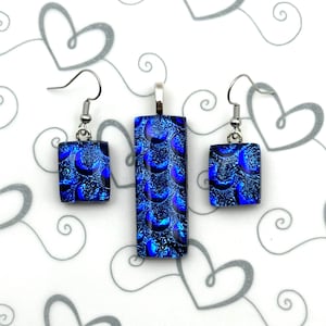 Dichroic Glass Blue Bubbles Pendant and Earrings, Fused Glass Necklace, Glass Jewelry Set, Turquoise Statement Necklace and Earrings