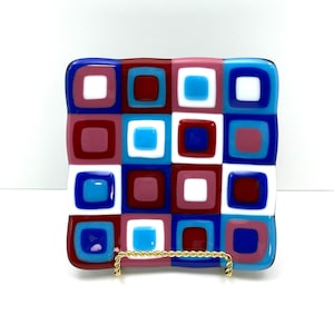 Fused Glass Stacked Colors Plate, Turquoise, Blue, Pink, Red, White Candy Dish, Trinket Plate, Candle Plate