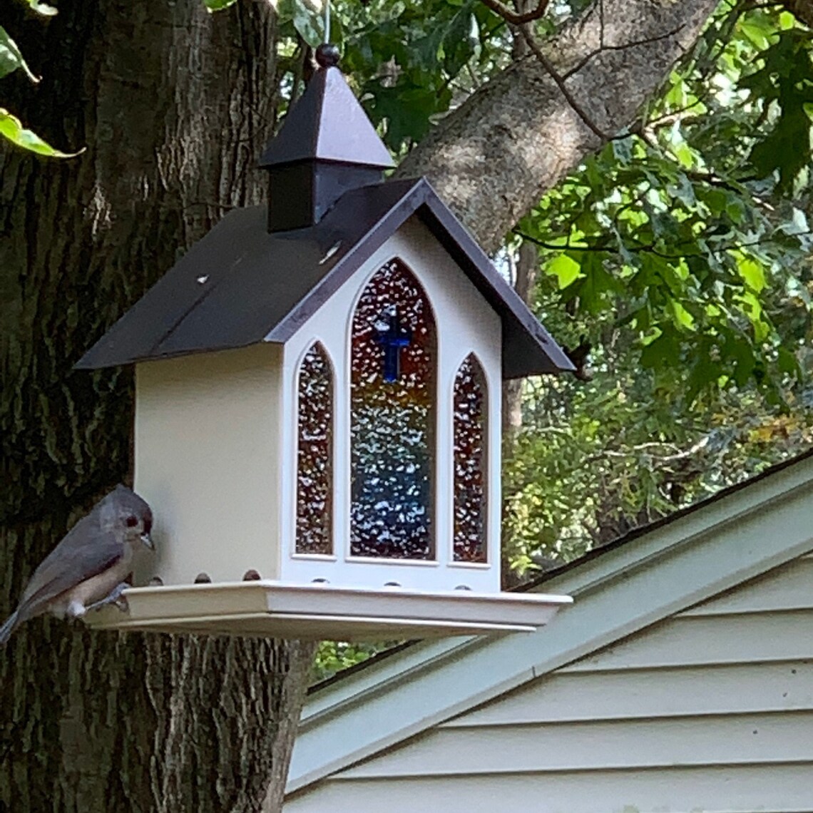 Fused Glass Church Bird Feeder Faux Stained Glass Windows Etsy