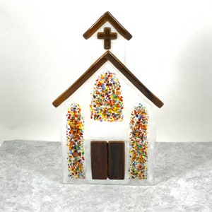 Fused Glass Church Candle Screen, Stained Glass Church Windows, Glass Easter Decor, Christmas Church Display, Tea Light Candle Holder