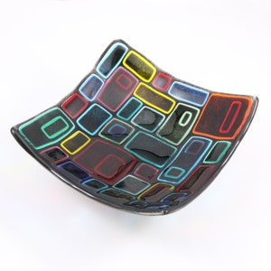 Neon Rainbow Fused Glass Plate, Fused Glass Art Plate, Black, Rainbow Colors Dish, Square Plate, Rainbow Glass Art