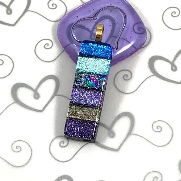 Dichroic Glass Statement Necklace, Fused Glass Multicolor Pendant, Long Narrow Necklace, Blue and Purple Pendant, Earrings