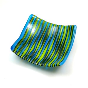 Turquoise and Lime Green Striped Fused Glass Plate, Seaside Glass Dish, Wavy Stripes, Fused Glass Art Plate