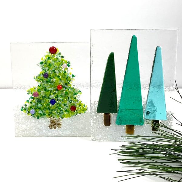 Christmas Fused Glass Tea Lights, Winter Scene Candle Screens, Glass Candle Holder, Christmas Tree Stand Up, Fused Glass Decor