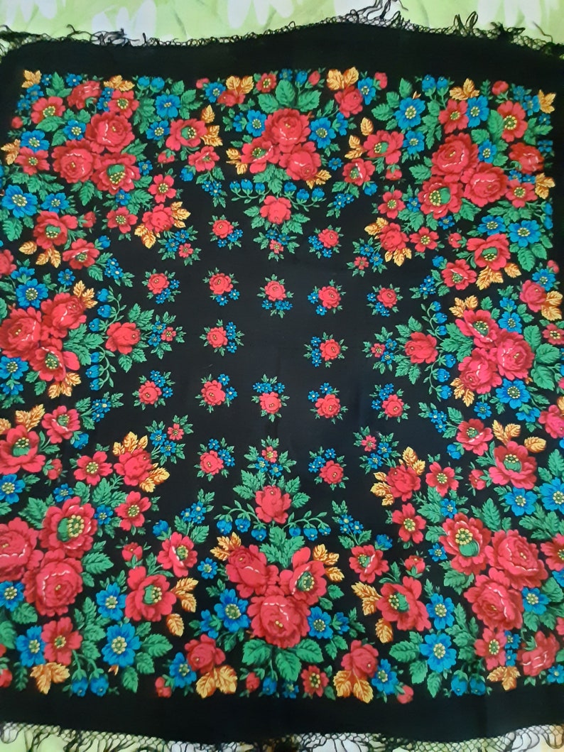 Russian Vintage Shawl Floral Print Soviet Boho