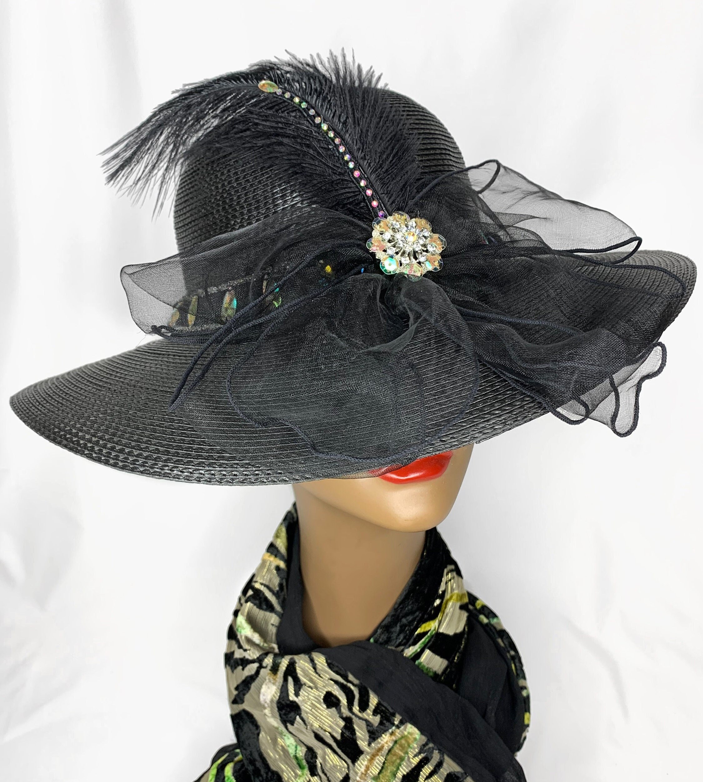 Easter Sunday Custom Hat| Black & Silver | Derby| Church Hat| Couture Hat| Free Matching Scarf with Hat