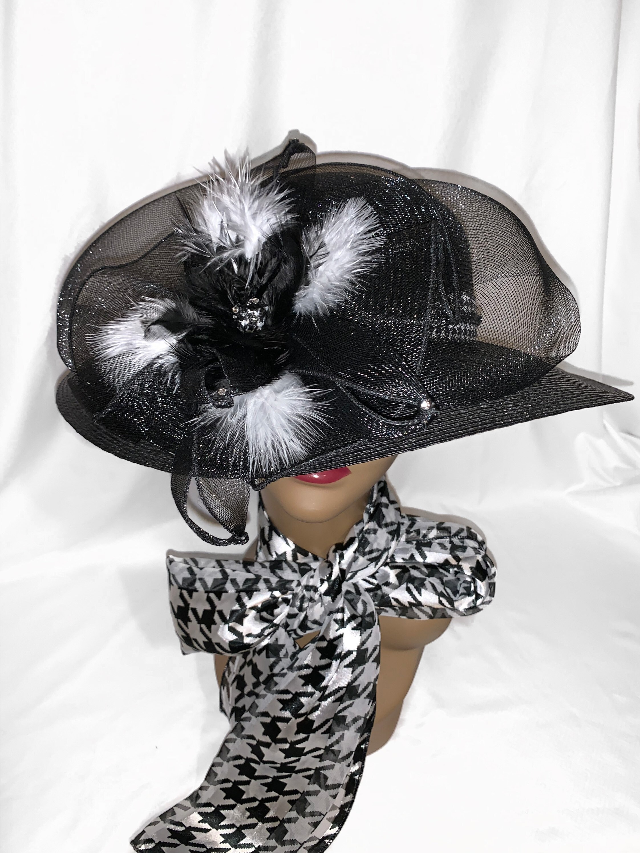 Easter Sunday Custom Hat| Black Silver | Derby| Church Hat| Couture Hat| Free Matching Scarf with Hat