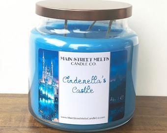 CINDERELLA'S CASTLE Triple Wick 18oz Disney Candle Jar Inspired Natural Soy Wax Main Street Melts scent themed gift box magic fragrance