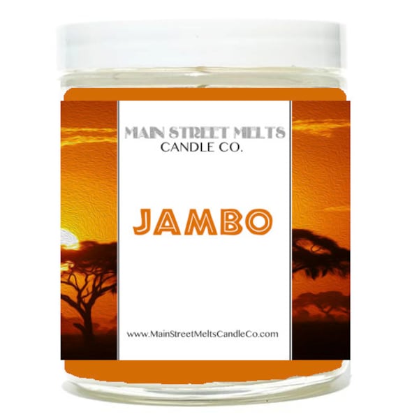 JAMBO Disney Inspired Candle 9oz Jar Natural Soy Wax Main Street Melts Candle Co. Magic Themed Theme Park scent Animal Kingdom Lodge Lobby