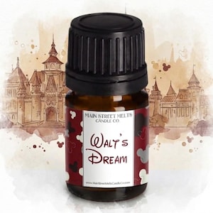 May include: A brown glass bottle with a black cap, labelled "Walt's Dream" with a red and white design. The background features a castle illustration and Mickey Mouse silhouettes. The bottle is likely a fragrance or essential oil.