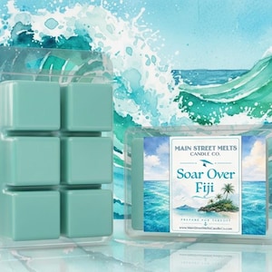 May include: A clear plastic clamshell container holding six light teal wax melt cubes. A rectangular label features the text Main Street Melts Candle Co. Soar Over Fiji, an illustration of a tropical island, and a small airplane icon.