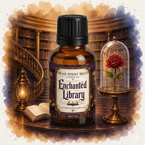 May include: An amber glass bottle with a black cap, labelled Main Street Melts Candle Co. Enchanted Library, 30ml / 1oz. The label features purple accents and an open book icon. The bottle is positioned in front of a library background.