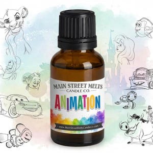 May include: An amber glass bottle with a black screw-top cap and a white label. The label features the text Main Street Melts Candle Co. and the word Animation in multicolored letters, with a watercolor-style background of various cartoon characters.