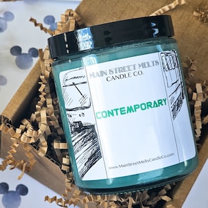 CONTEMPORARY Disney Inspired Candle 9oz Jar Natural Soy Wax Main Street Melts Candle Co. Magic Themed Theme Park scent Lobby Resort scent