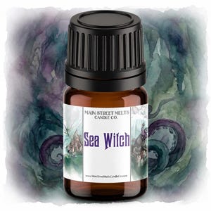 May include: A brown glass bottle with a black cap, labeled "Sea Witch" from Main Street Melts Candle Co. The label features an illustration of an octopus and other sea creatures. The background is a watercolor wash of blues, greens, and purples.