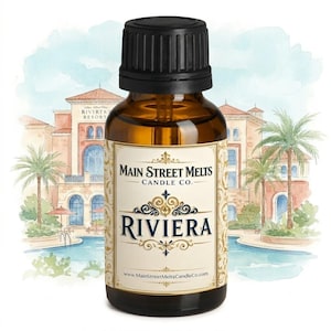 May include: An amber glass bottle with a black ribbed screw cap. The label features the text Main Street Melts Candle Co. and Riviera, with a watercolor illustration of a resort building, palm trees, and a swimming pool in the background.