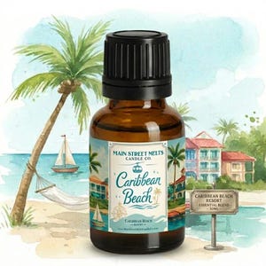 May include: A brown glass bottle with a black cap containing essential oil. The label features the text Main Street Melts Candle Co. Caribbean Beach, a watercolor illustration of a beach, palm trees, a sailboat, and a resort building.
