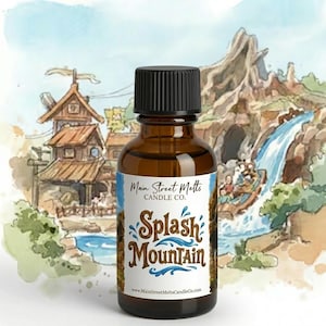 May include: A small amber glass bottle with a black screw-top cap. The white label features the text Main Street Melts CANDLE CO. and Splash Mountain in brown and blue lettering, set against a watercolor illustration of a log flume ride.
