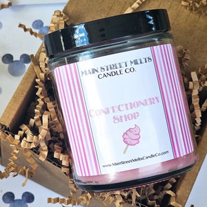 CONFECTIONERY SHOP Disney Inspired Candle 9oz Jar Natural Soy Wax Main Street Melts Candle Co. Magic Themed Theme Park scent Cotton Candy