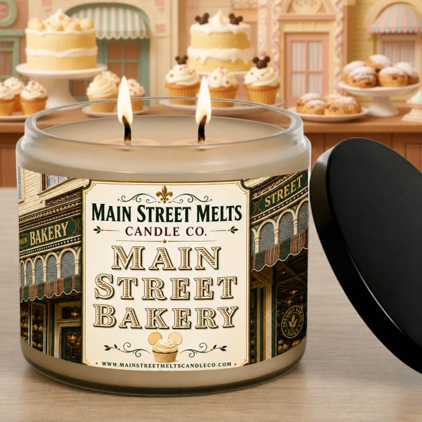 Main Street Bakery | Disney Inspired Scented Soy Candle - Vanilla Cream + Cake Fragrance