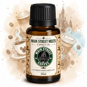 May include: A 30ml amber glass bottle with a black cap, featuring a label that reads Main Street Melts Candle Co. and Main Street Coffee. The label includes a green circular logo with a castle illustration and text, surrounded by coffee bean graphics.