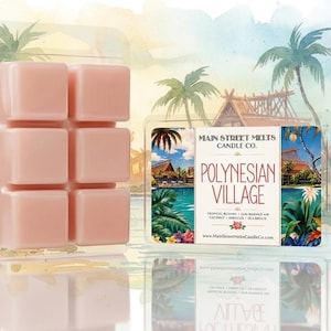 May include: A six-cube wax melt bar in a light pink colour, packaged in a clear plastic clamshell container. The label features the text Main Street Melts Candle Co. Polynesian Village, with illustrations of tropical huts, palm trees, and a tiki statue.