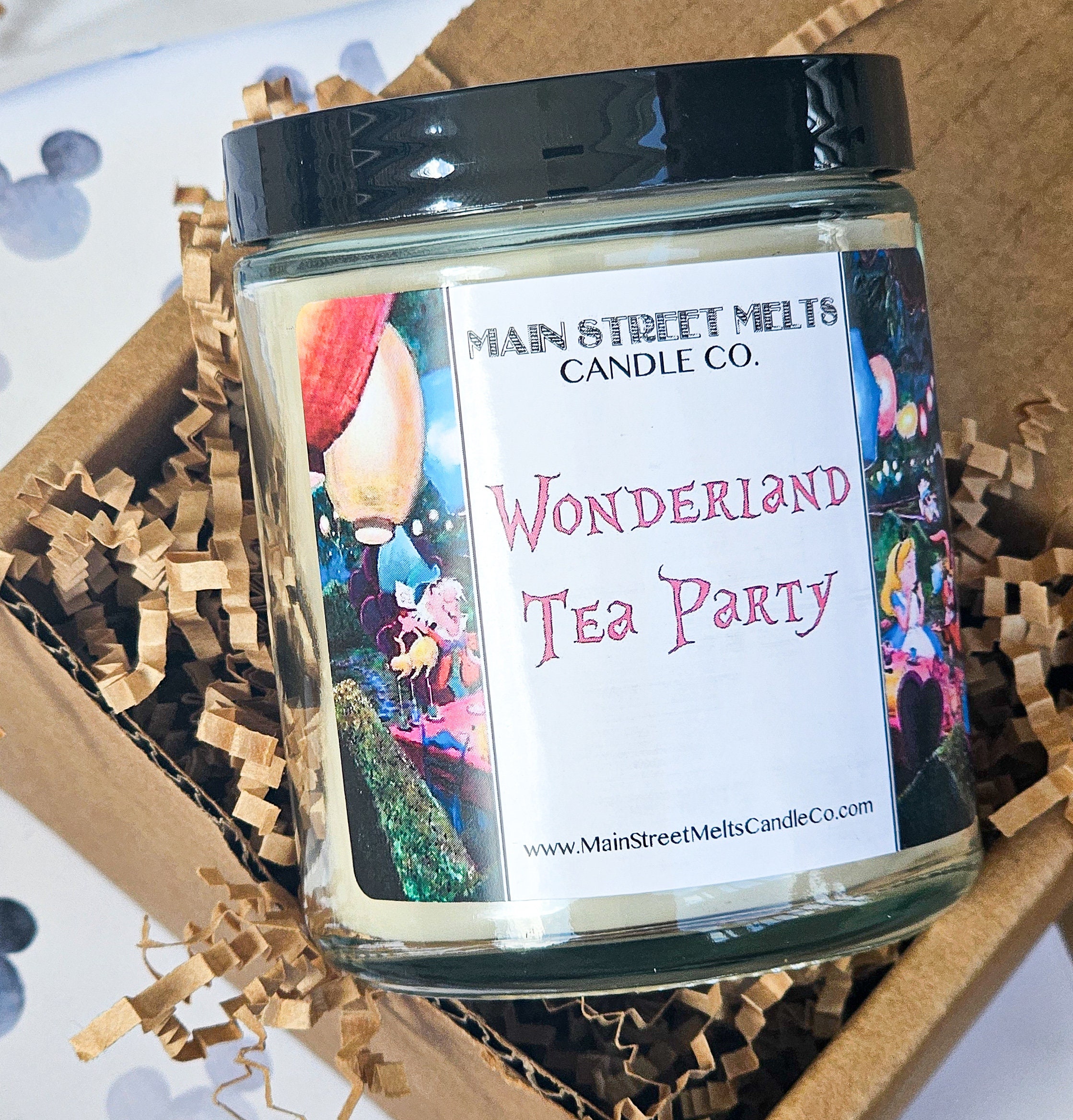 WONDERLAND TEA PARTY Disney Inspired Candle 9oz Jar Natural Soy Wax Main Street Melts Candle Co. Magic Theme Park scent Alice Wonderland