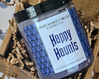 HAPPY HAUNTS Disney Inspired Candle 9oz Jar Natural Soy Wax Main Street Melts Candle Co. Magic Theme Park scent Haunted Mansion Ghost Host