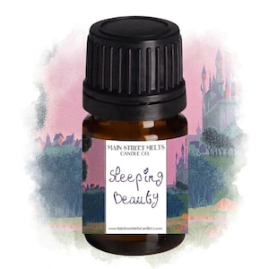 May include: A brown glass bottle with a black cap. The label reads "Sleeping Beauty" with a fairytale castle background. The bottle is from Main Street Melts Candle Co.