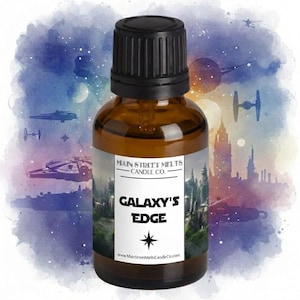 May include: A small amber glass bottle with a black screw-top cap. The white label features the text Main Street Melts Candle Co. and Galaxy's Edge with a star icon. The background shows a watercolor illustration of a space scene with ships.