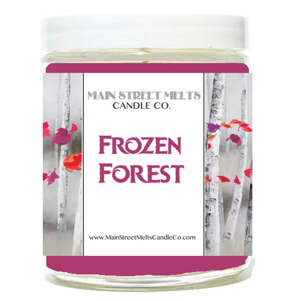 FROZEN FOREST Disney Inspired Candle 9oz Jar Natural Soy Wax Main Street Melts Candle Co Magic Themed Theme Park scent Elsa Anna Olaf Sister