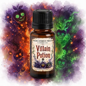 May include: A brown glass dropper bottle with a black cap and a label reading Main Street Melts Candle Co. Villain Potion. The label features a small bottle illustration with a skull and purple roses. The background shows watercolor style apples.