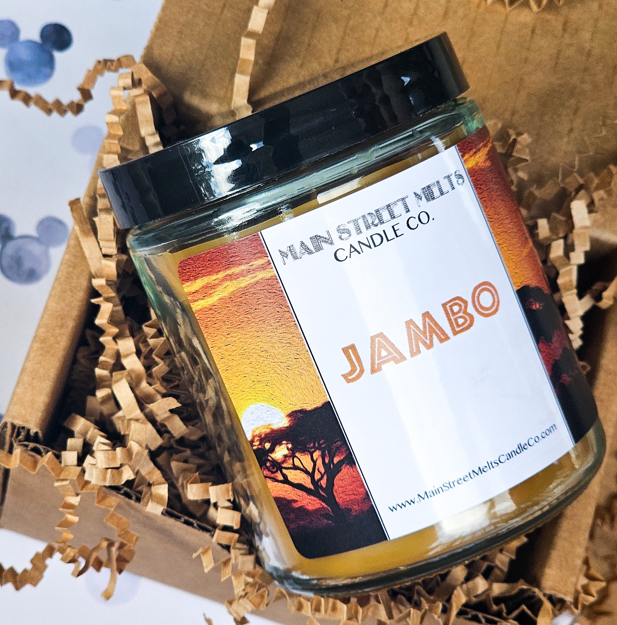 JAMBO Disney Inspired Candle 9oz Jar Natural Soy Wax Main Street Melts Candle Co. Magic Themed Theme Park scent Animal Kingdom Lodge Lobby