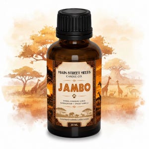 May include: A 30 mL amber glass bottle with a black screw cap, featuring a label with the text Main Street Melts Candle Co. Jambo, Animal Kingdom Lodge, Sandalwood, Spiced Vanilla, and a watercolor-style savanna landscape with giraffes.