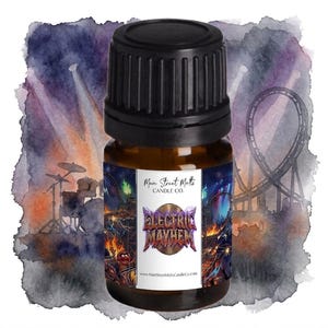 May include: A brown glass bottle with a black cap, featuring a label with the text "Electric Mayhem" and a colorful graphic of a roller coaster and a drum set. The bottle is set against a watercolor background.