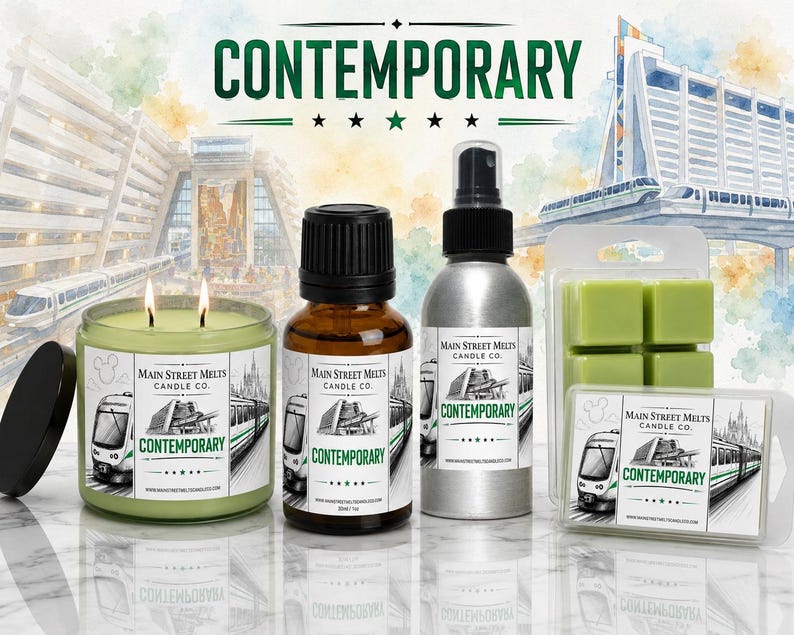May include: A collection of Main Street Melts Candle Co. products including a light green two-wick candle, an amber glass dropper bottle, a silver spray bottle, and a package of light green wax melts, all featuring a monorail and Contemporary label.